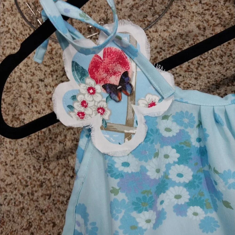 3528 Size XL Handmacde Jumpsuit In Blue and Purple with Appliqued Flowers. - Picture 3 of 5